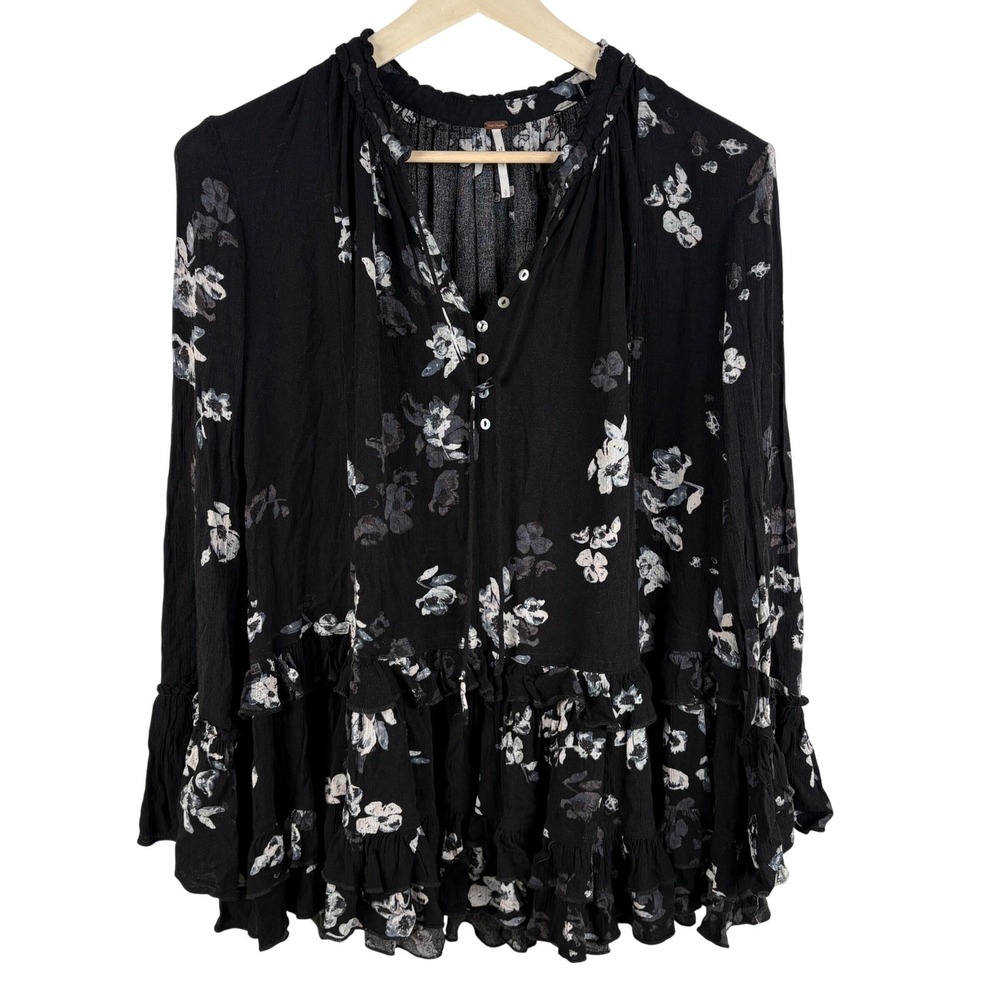 Free People Tunic Top Womens Small Black Floral Boho Peasant Coquette
